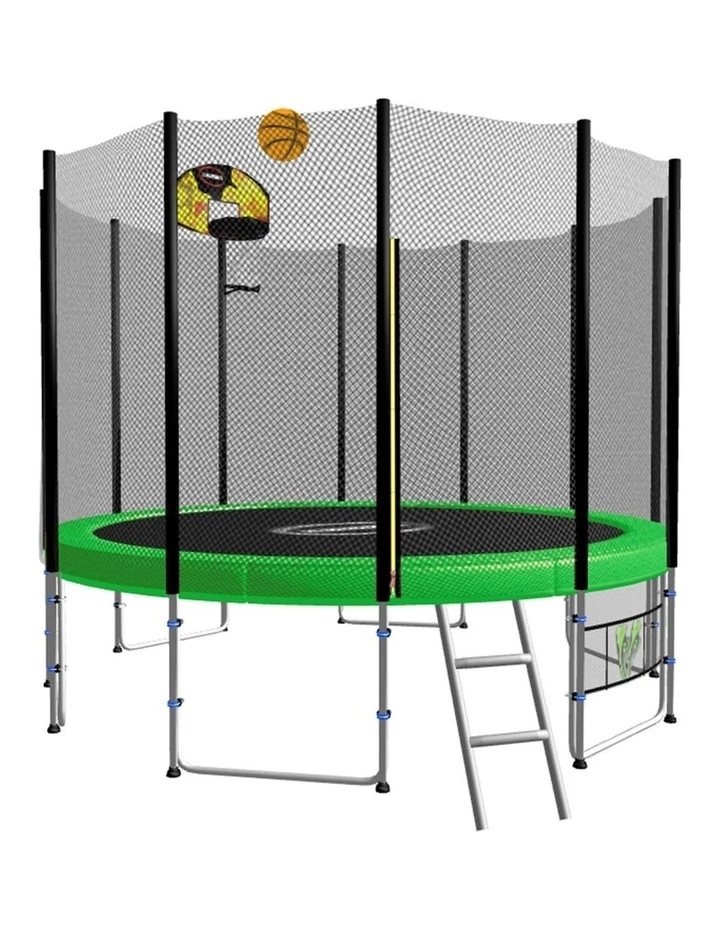 Kahuna Blizzard 8ft Round Spring Trampoline with Net Mat Ladder and Basketball Set Green 1 Kahuna Blizzard 8ft Round Spring Trampoline with Net Mat Ladder and Basketball Set Green