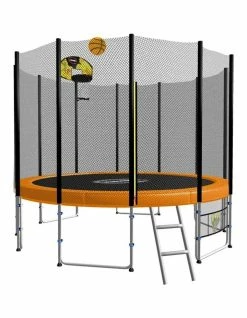 Kahuna 8ft Round Spring Trampoline with Net, Pad, Ladder and Basketball Set Orange