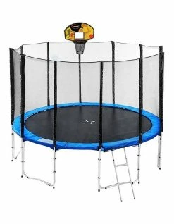 Kahuna 16ft Round Trampoline with Net, Pad, Mat, Ladder and Basketball Set Blue