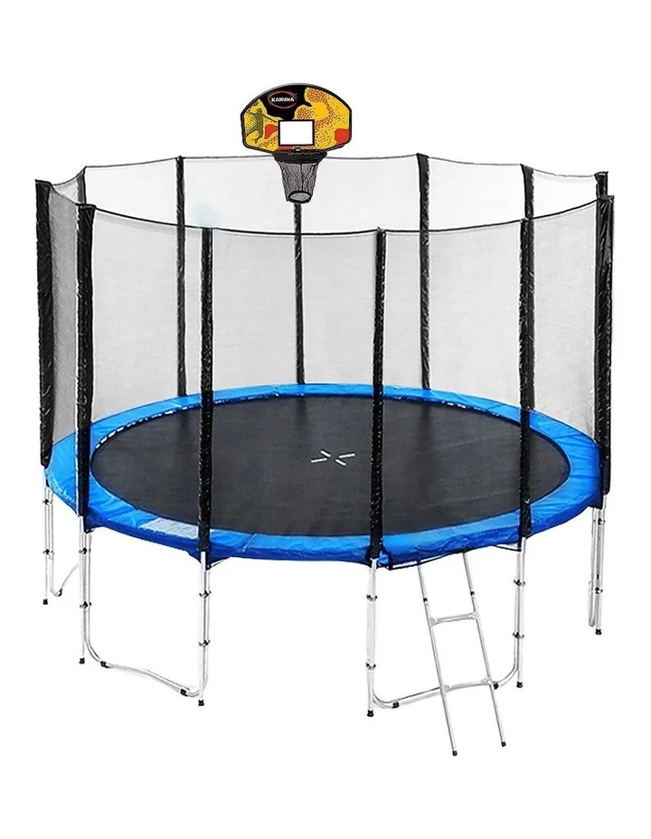 Kahuna 16ft Round Trampoline with Net, Pad, Mat, Ladder and Basketball Set Blue 1 Kahuna 16ft Round Trampoline with Net, Pad, Mat, Ladder and Basketball Set Blue