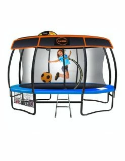 New Kids Gift Kahuna 14ft Trampoline Free Safety Net Spring Pad Mat Roof With Basketball Orange/Blue