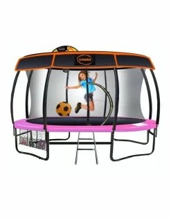 Kahuna 14ft Trampoline Free Safety Net Spring Pad Roof Mat Ladder Basketball - Pink
