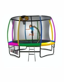 Kahuna Trampoline 14ft with Basketball Set Mat Pad- Rainbow