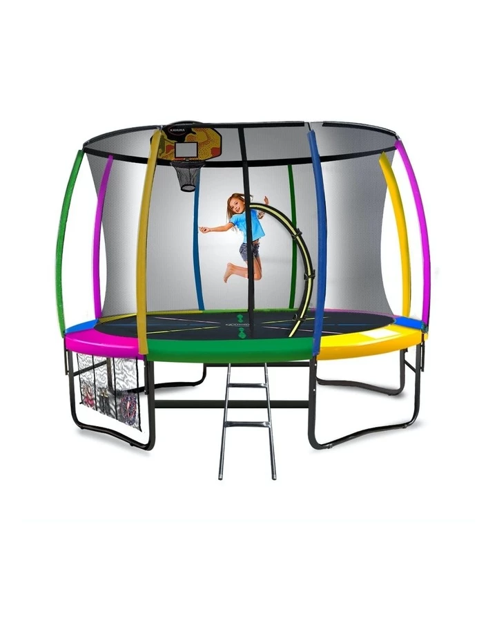 Kahuna 16ft Round Spring Trampoline Free Safety Net Pad Cover Mat Ladder Basketball Set- Rainbow 1 Kahuna 16ft Round Spring Trampoline Free Safety Net Pad Cover Mat Ladder Basketball Set- Rainbow